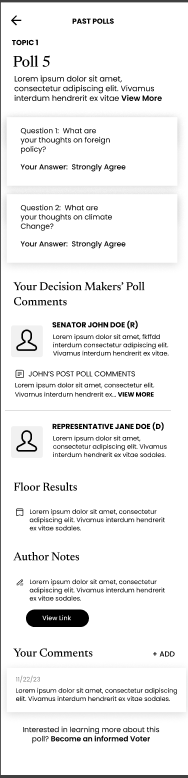 This image shows a lorem ipsum example result page on a mobile screen for a poll, including the questions, the user answers, and comments from the users' local decision makers, the results from the legislative floor, notes from the poll author, and comments.