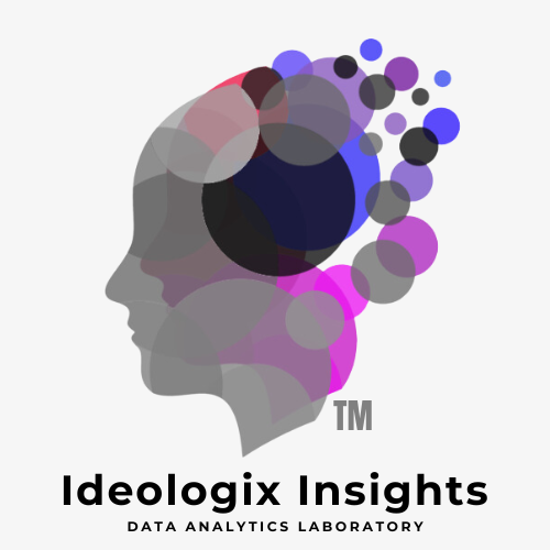 Logo of 'Idealogix Insights' featuring a side profile of a head made from overlapping circles in shades of grey, pink, purple, and blue. Smaller circles extend outward from the head, suggesting ideas or data points. The company title is placed underneath the logo.