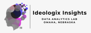 Logo of 'Idealogix Insights' featuring a side profile of a head made from overlapping circles in shades of grey, pink, purple, and blue. Smaller circles extend outward from the head, suggesting ideas or data points. The text "Idealogix Insights Data Analytics Lab, Omaha, Nebraska" is placed to the right of the logo.