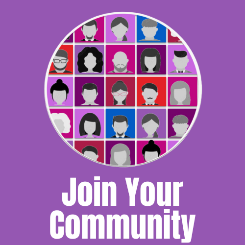 A graphic with the title 'Join Your Community,' showing a circular grid of diverse, greyscale silhouettes of people on backgrounds colored from red to blue, with five shades of purple in between. This color scale, unique to the brand, represents seven political stances, emphasizing a range of views beyond a two-party system.