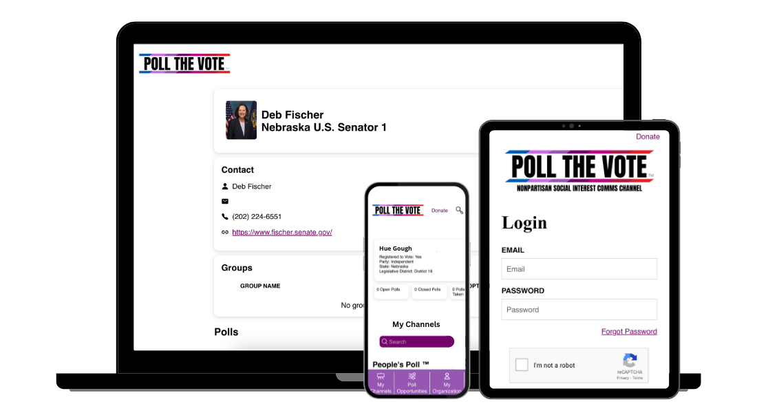 Three devices of various screens of a Poll the Vote account (from left to right): desktop displaying a local official's profile page, the phone displaying a user's personal profile page, and the tablet displaying the login page.