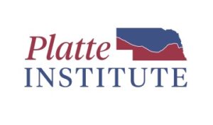 Platte Institute Logo, showing the name of the company alongside a graphic logo of the state of Nebraska that is half red and half blue, horizontally.