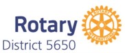 Rotary District 5650 Logo depicting a yellow rotary wheel with the text "Rotary International" within it. Beside the graphic is the text "Rotary District 5650" informing the user of the area of the Rotary club mentioned.