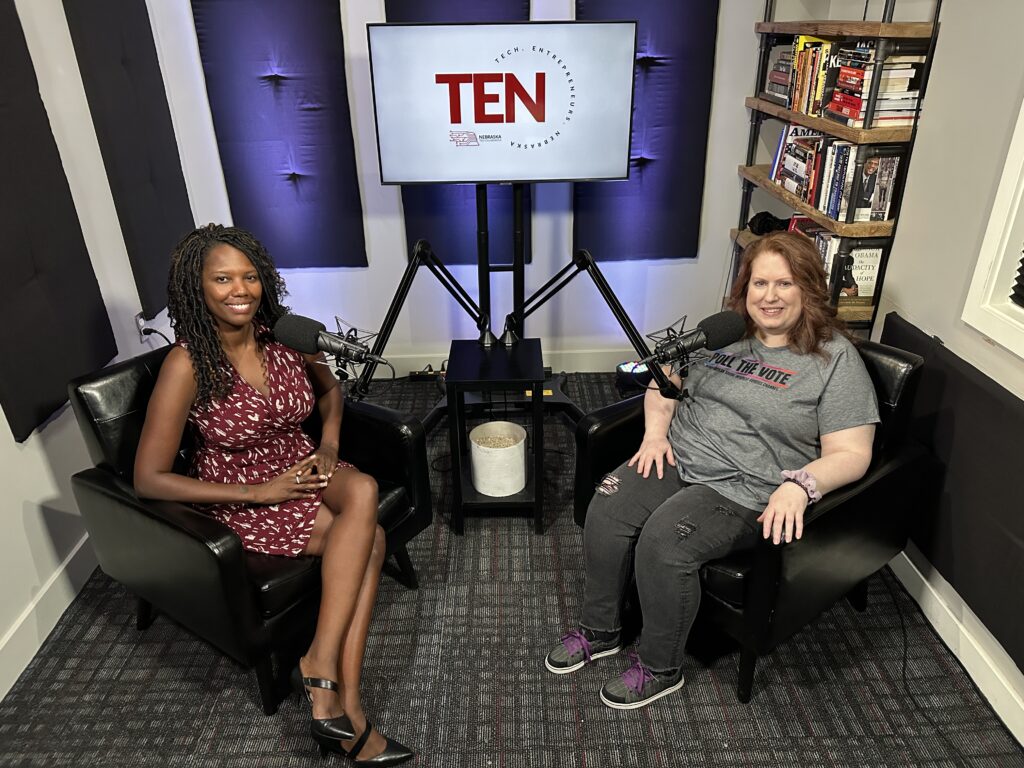 Shonna Dorsey, host of the Tech Entrepreneurs Nebraska Podcast, and Heather Nelson, Founder and CEO of Idealogix Insights and Poll the Vote, sitting together in the podcast recording room.