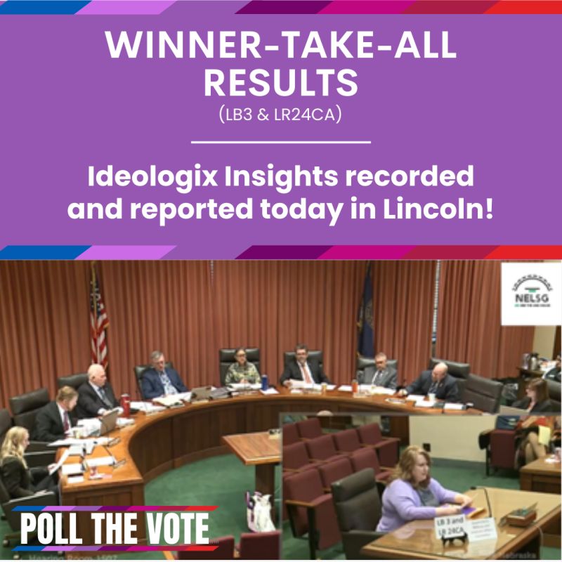 headline states, Winner-Take-All Results: Ideologix Insights recorded and reported in Lincoln! The visual shows Heather Nelson, CEO sitting at a table testifying as a neutral provider sharing the sentiment results.